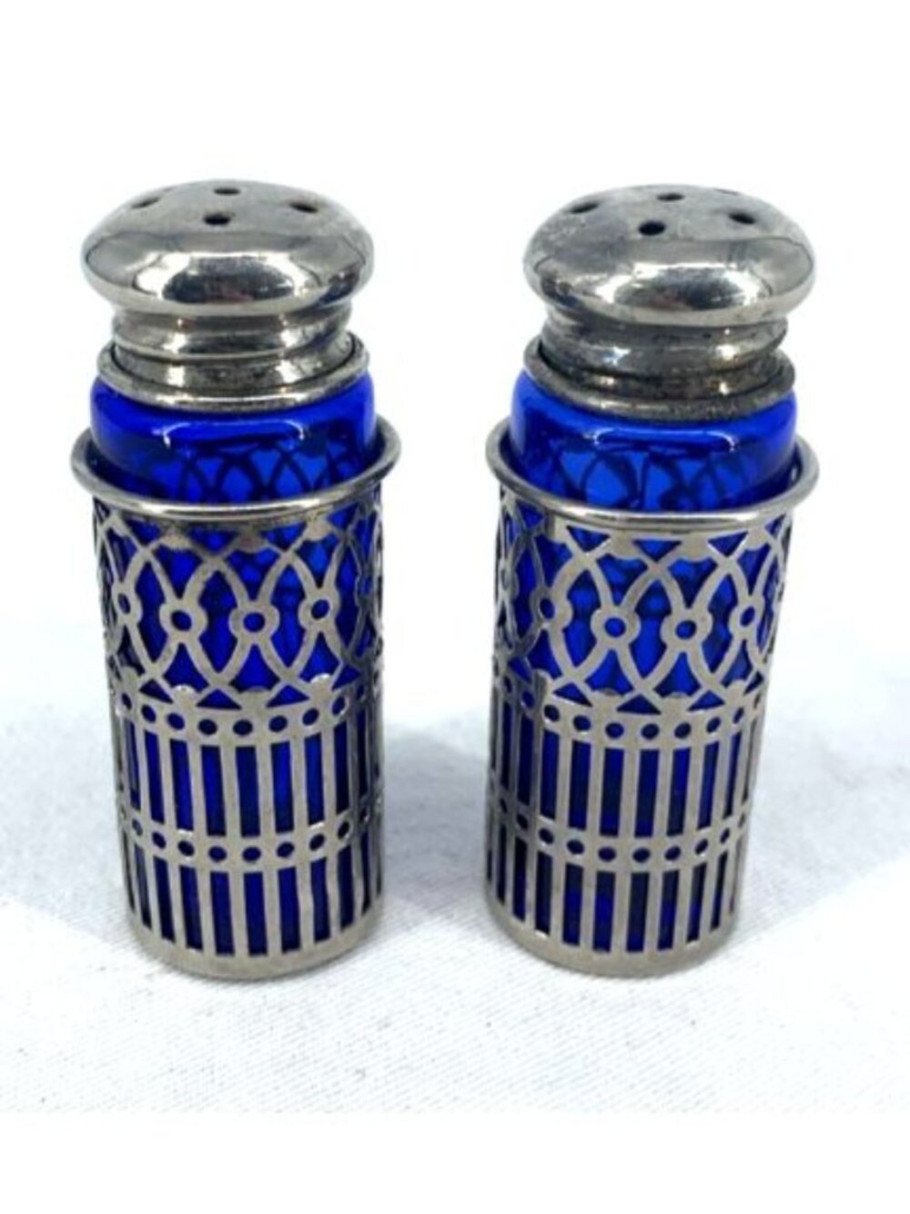 F B Rogers Salt And Pepper Shakers Silverplate Cobalt Blue Glass Overlay 2.5"